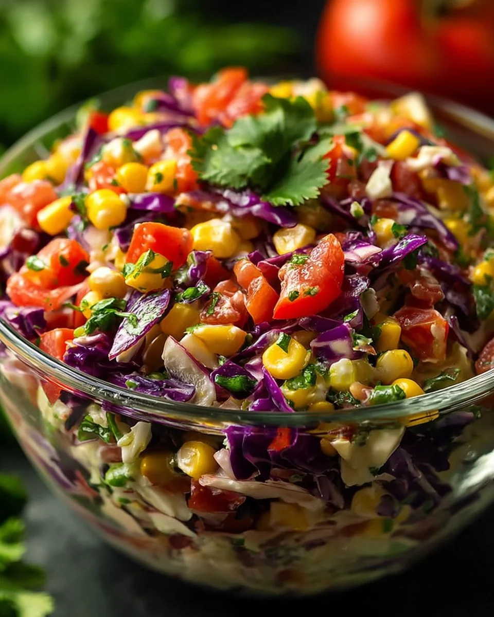 Colorful layered Mexican coleslaw salad with fresh vegetables and toppings