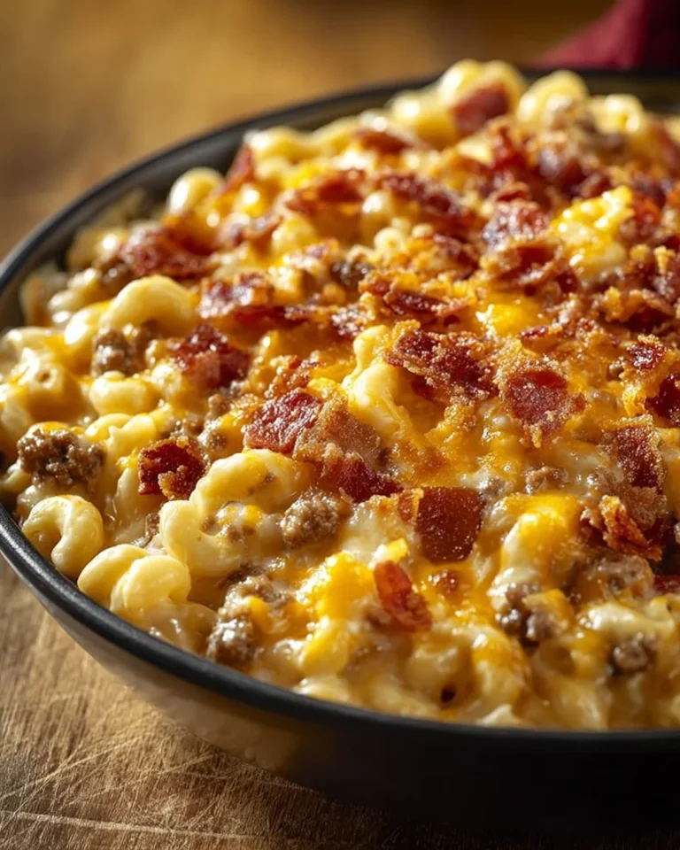 Delicious loaded Bacon Cheeseburger Alfredo pasta topped with crispy bacon and cheese