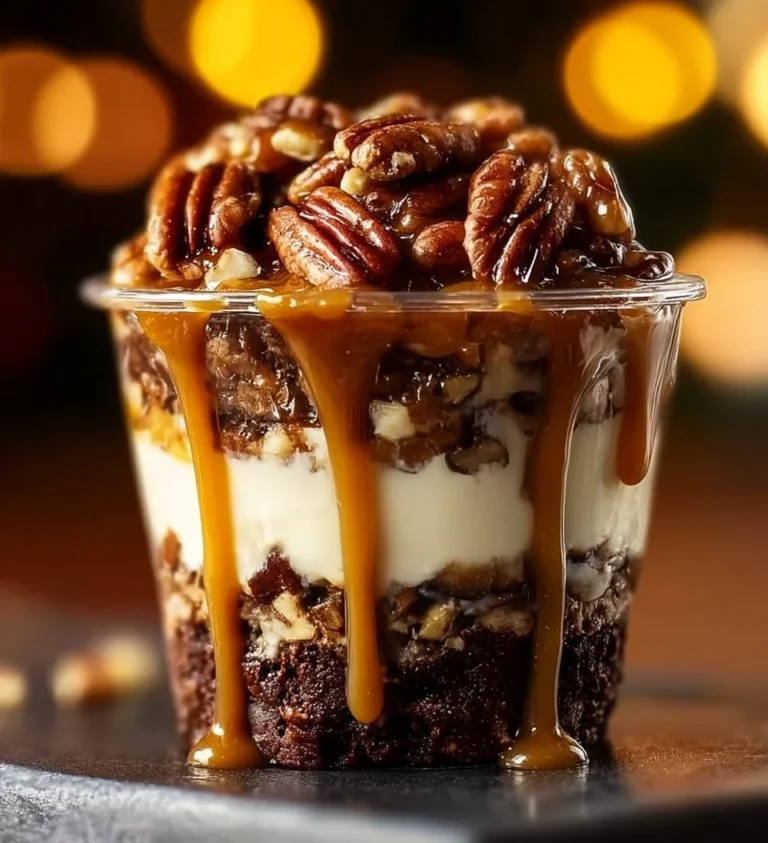 Loaded caramel pecan brownie cheesecake cup with decadent layers of flavor