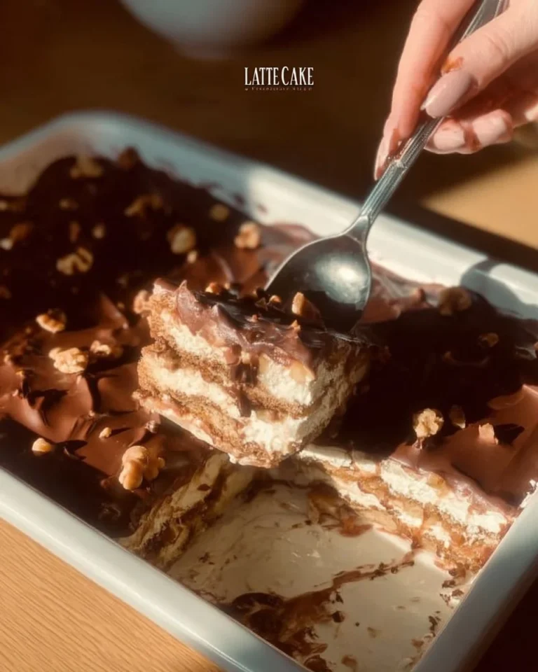 Luxurious latte cake topped with coffee and cream frosting.