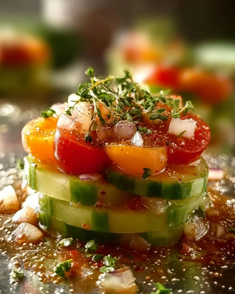 Delicious marinated cucumbers, onions, and tomatoes served in a bowl.