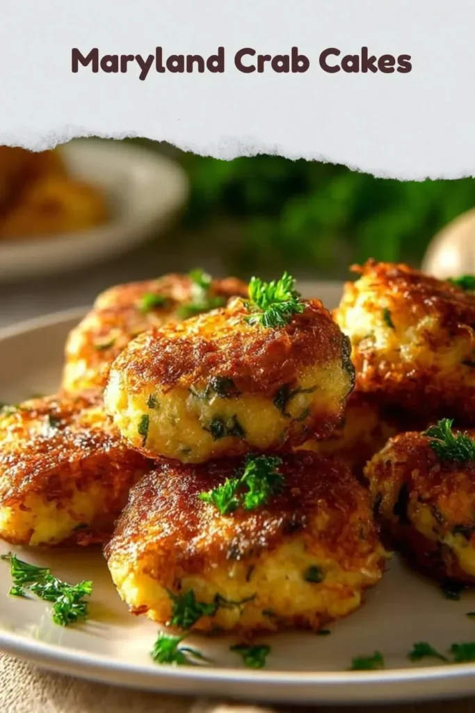 Delicious Maryland crab cakes on a plate, garnished and ready to serve.