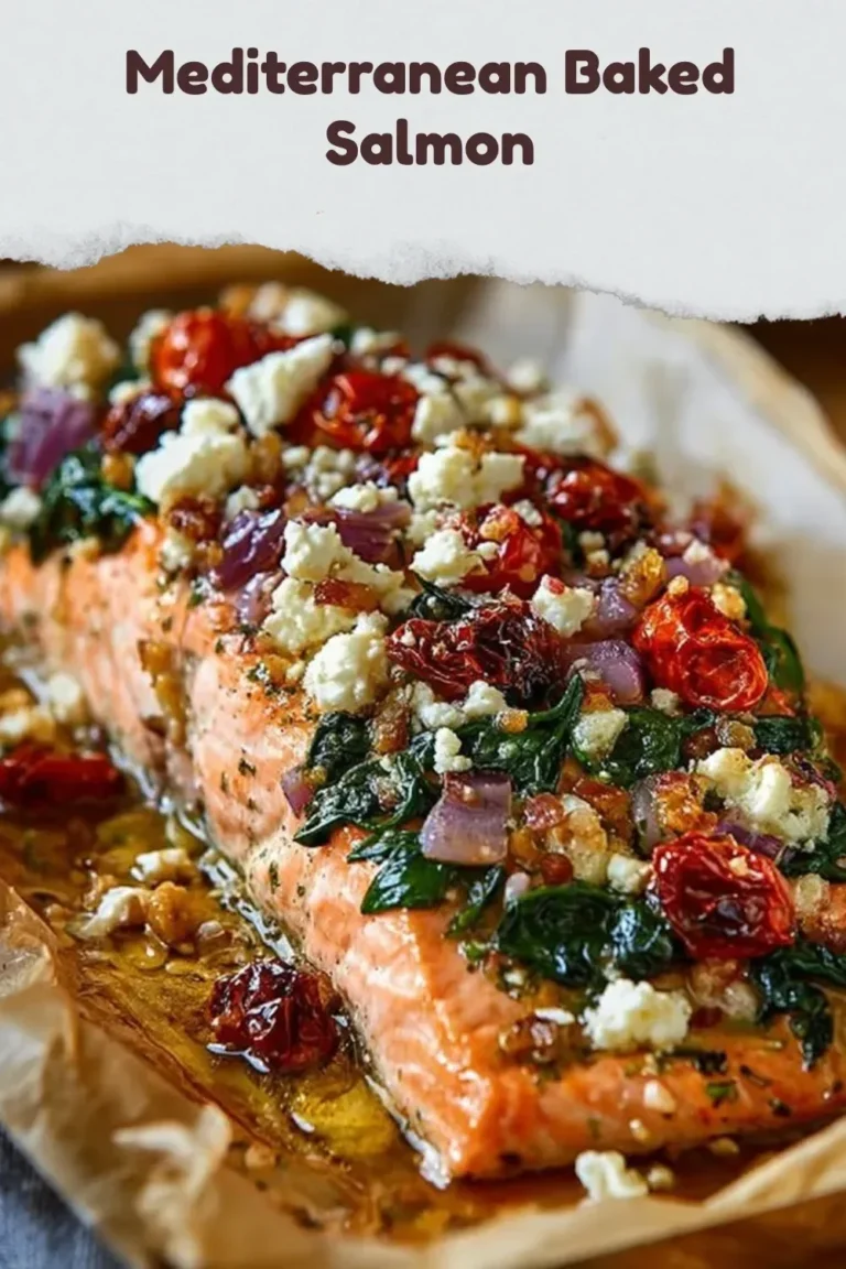 Mediterranean baked salmon garnished with herbs and lemon slices