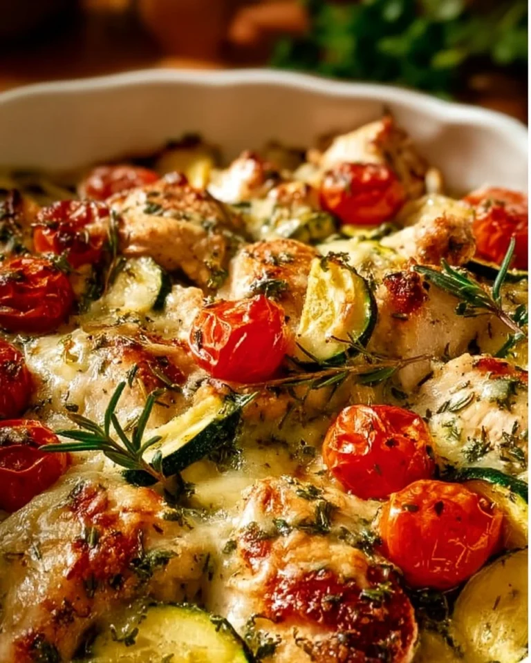 Mediterranean Chicken Zucchini Bake with fresh vegetables and herbs