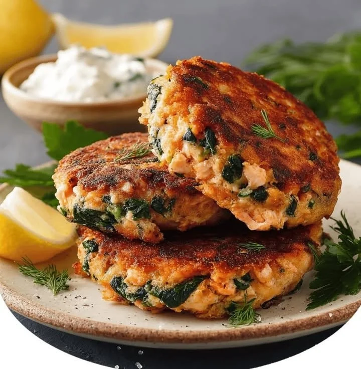 Mediterranean salmon spinach patties served on a plate