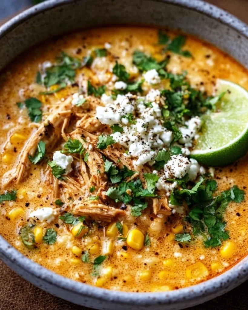 Delicious Mexican Street Corn Soup garnished with cilantro and lime.
