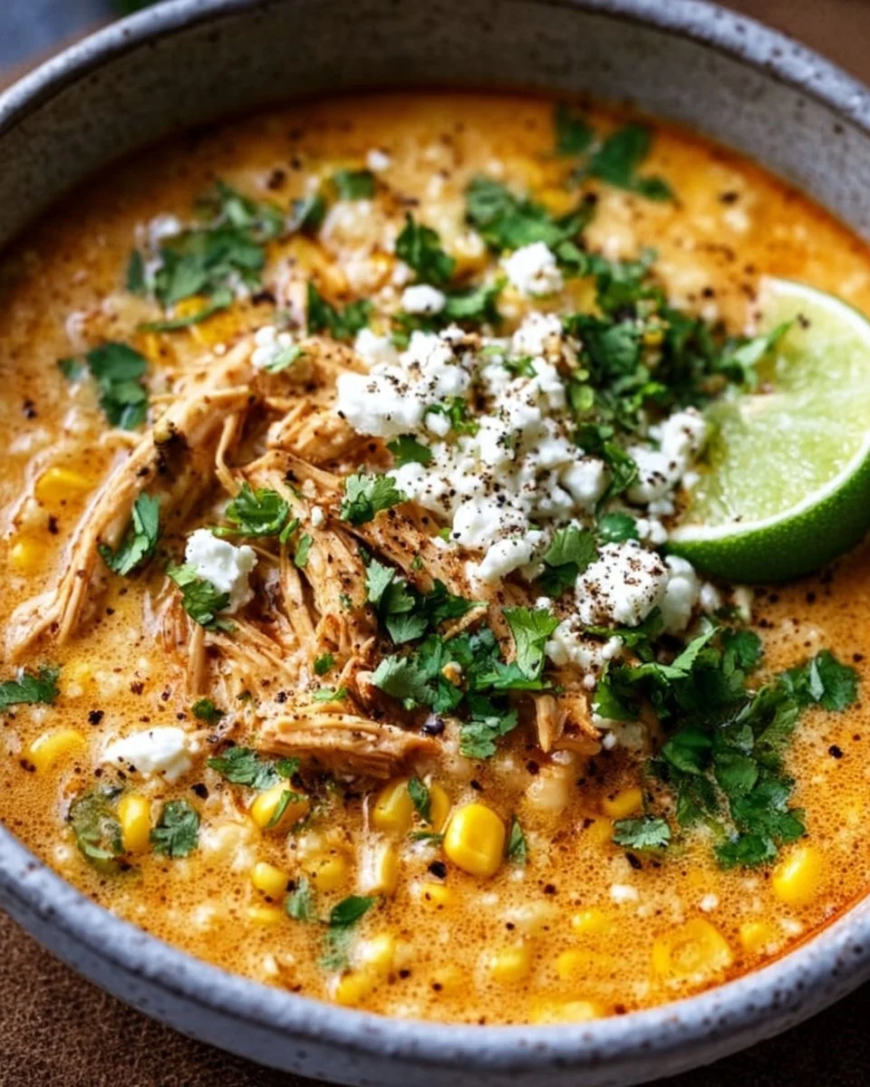 Delicious Mexican Street Corn Soup garnished with cilantro and lime.