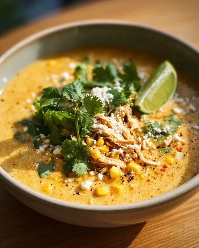 Bowl of Mexican street corn soup garnished with cilantro and cheese.