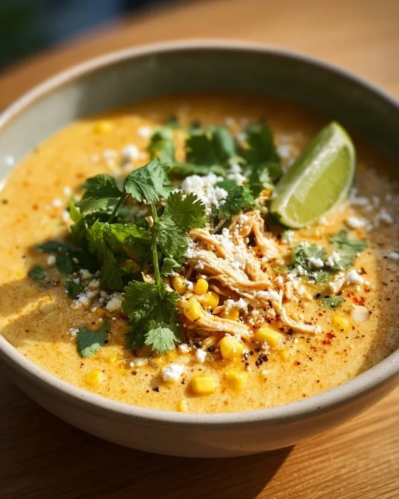Bowl of Mexican street corn soup garnished with cilantro and cheese.