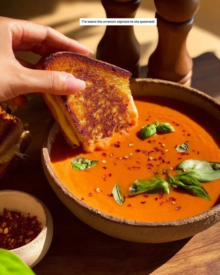 Bowl of rich, creamy tomato soup topped with fresh basil and served with a baguette.