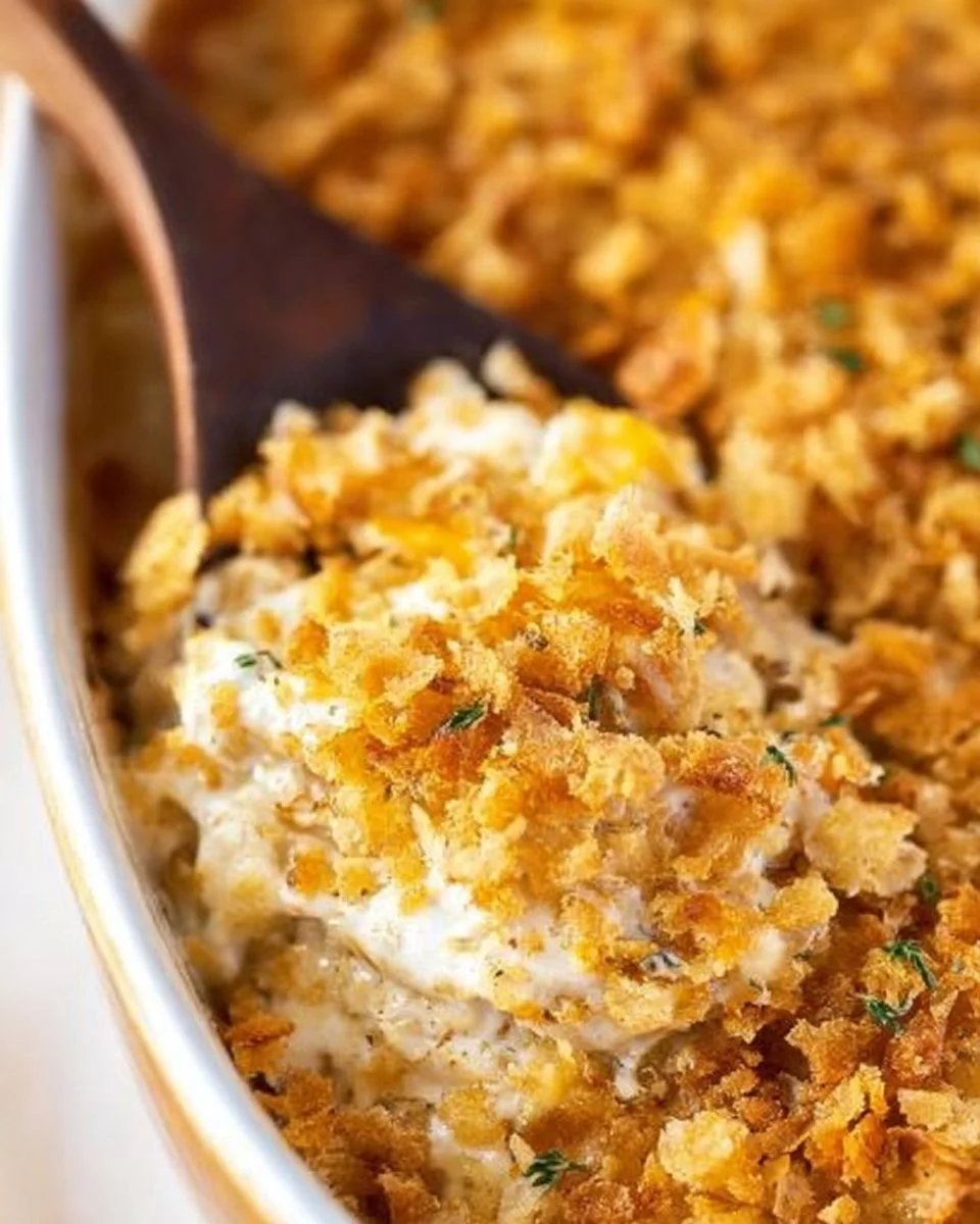 Delicious million dollar chicken casserole served hot in a baking dish.