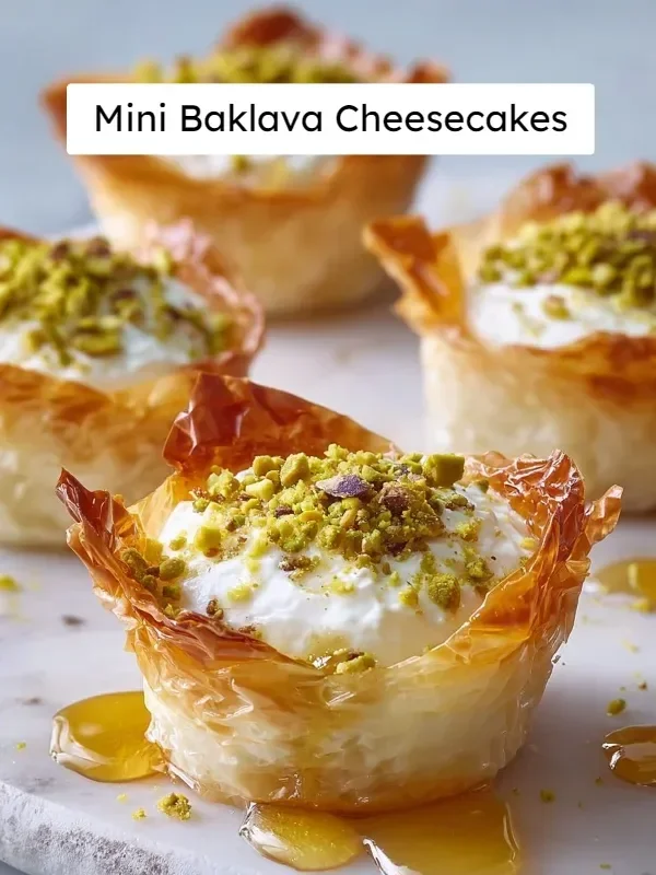 Mini Baklava Cheesecakes topped with nuts and honey on a dessert plate