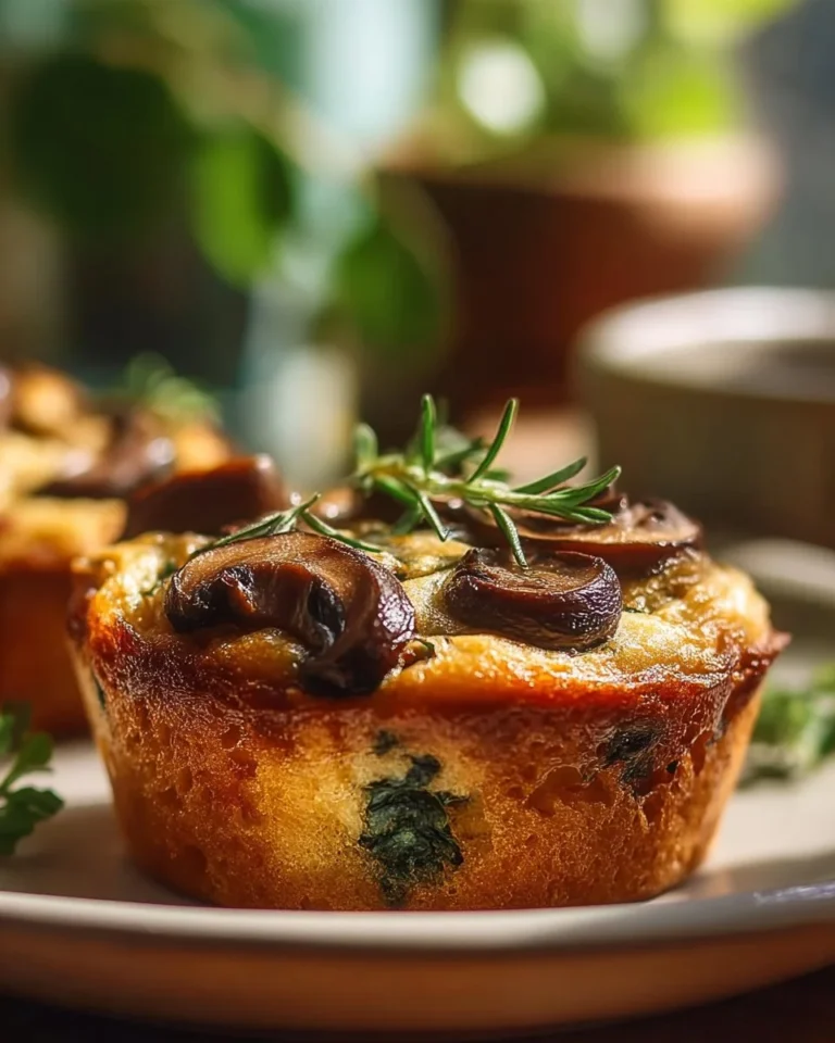 Mini Mushroom and Spinach Quiche served on a white plate garnished with herbs