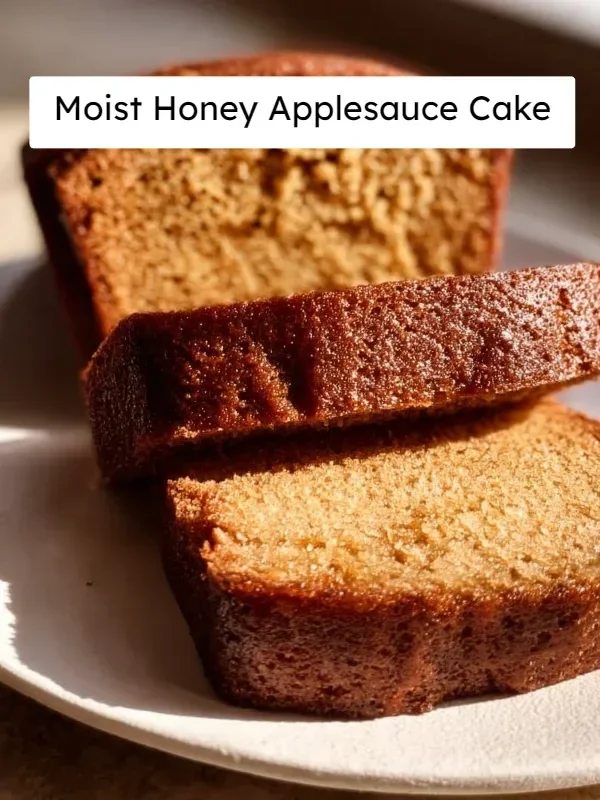 Moist honey applesauce cake topped with a drizzle of honey and fresh apples