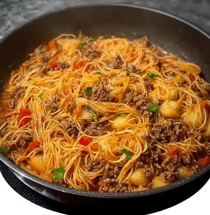 Plate of noodles with potatoes and ground beef served with herbs