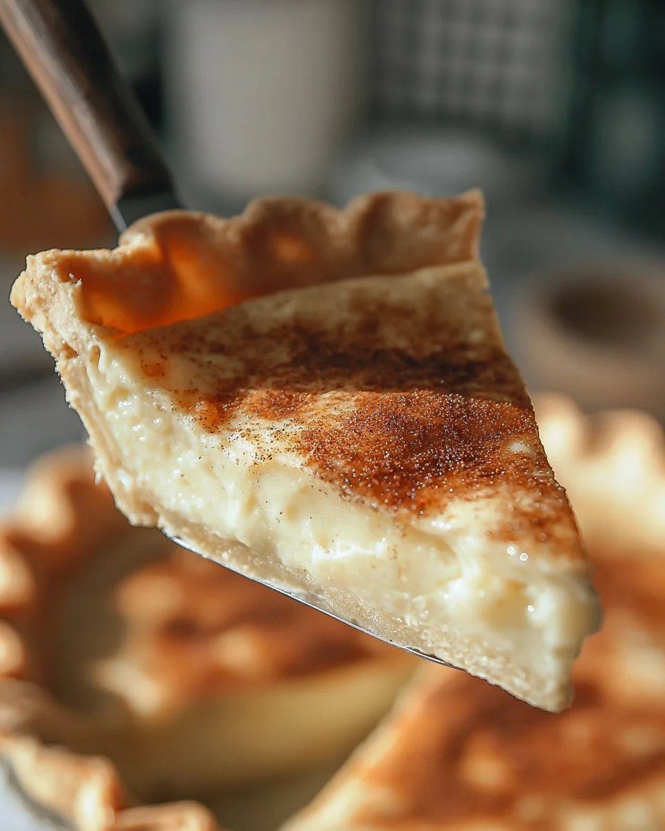 Deliciously creamy Old Fashioned Sugar Cream Pie served on a rustic table