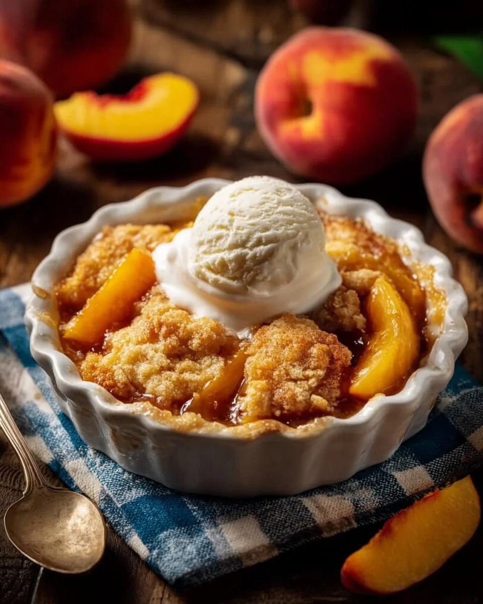 Old School Easy Brown Sugar Peach Cobbler served in a dish