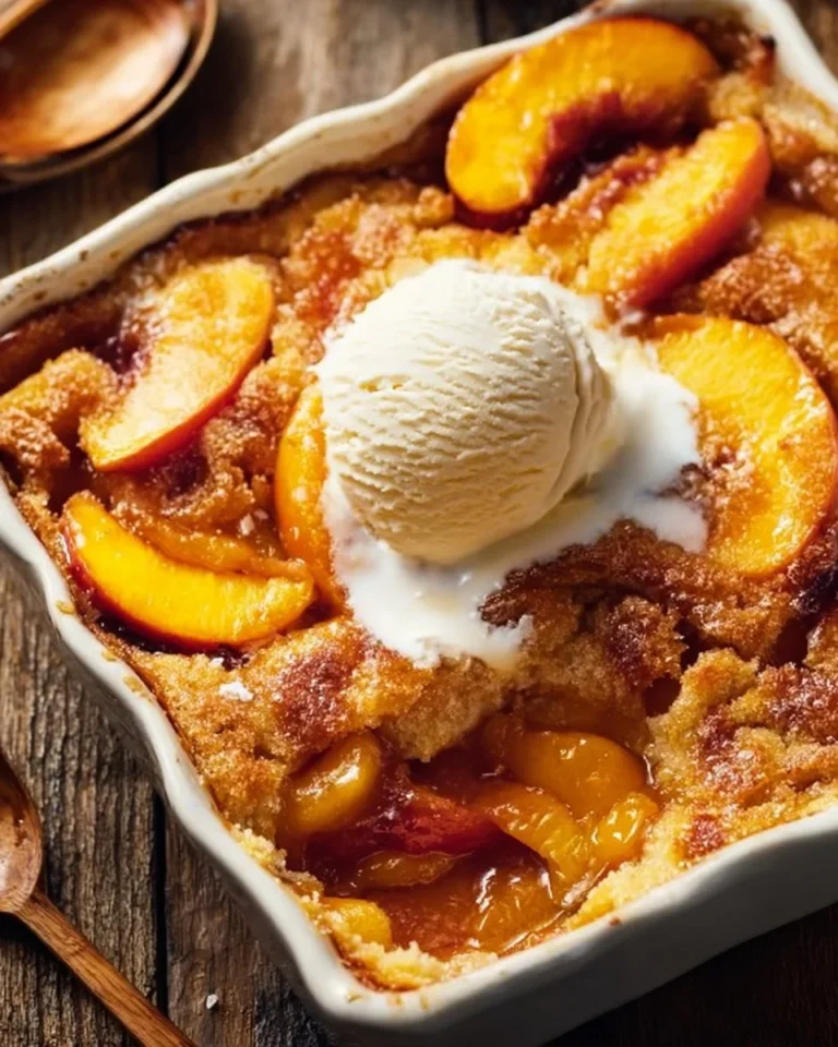 Old school easy brown sugar peach cobbler dessert topped with ice cream.