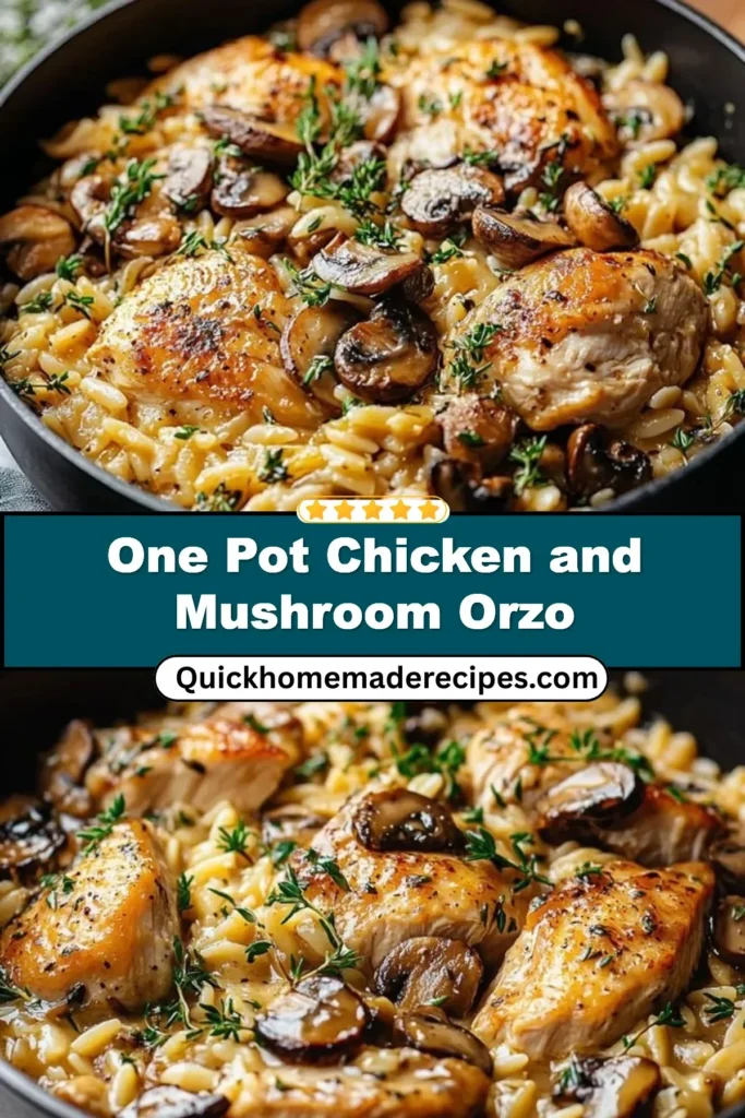 One Pot Chicken and Mushroom Orzo served in a rustic bowl