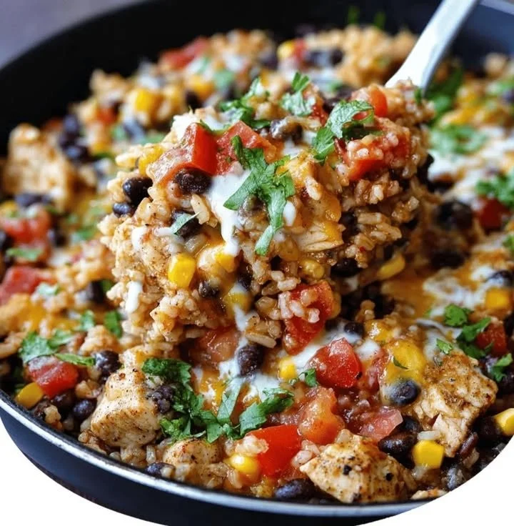 One Pot Chicken Burrito Bowl with chicken, rice, and fresh vegetables