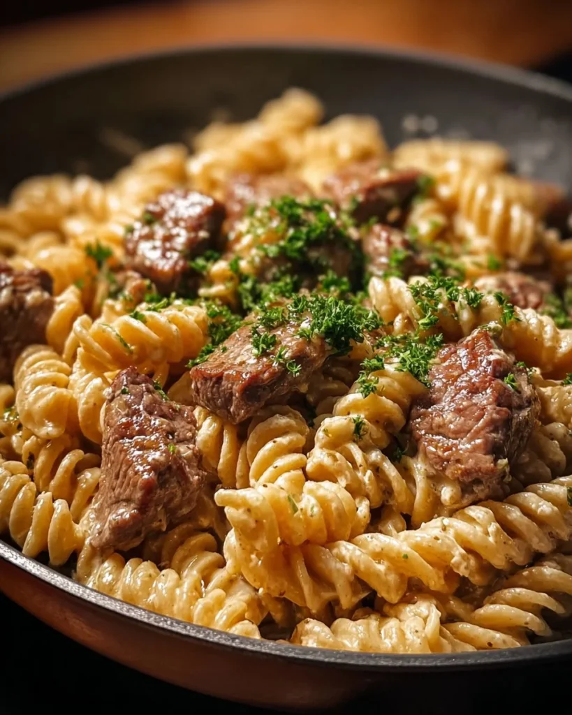 Creamy garlic butter steak served with spicy pasta in a one-pot dish