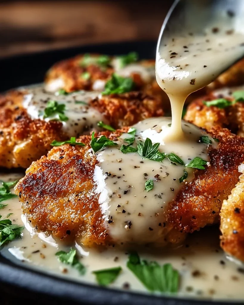 Parmesan Crusted Chicken with creamy garlic sauce on a plate