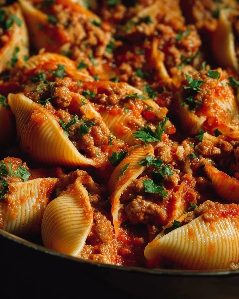 Pasta shells stuffed with ground beef and topped with marinara sauce.