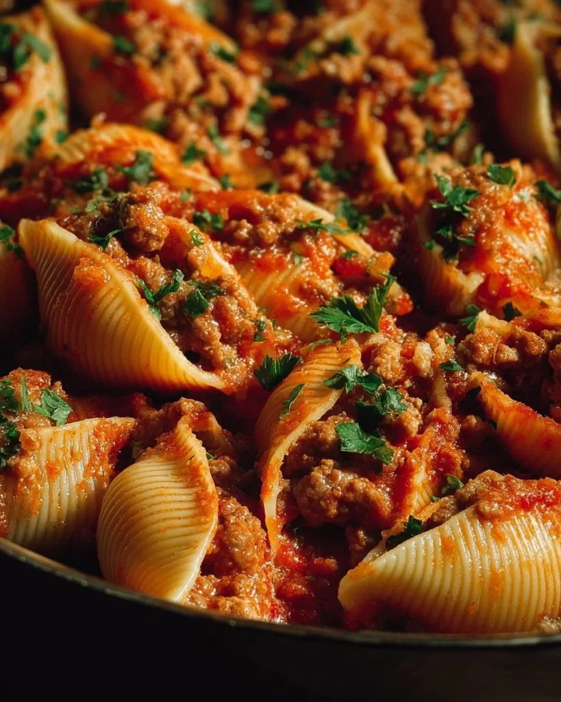 Pasta shells stuffed with ground beef and topped with marinara sauce.