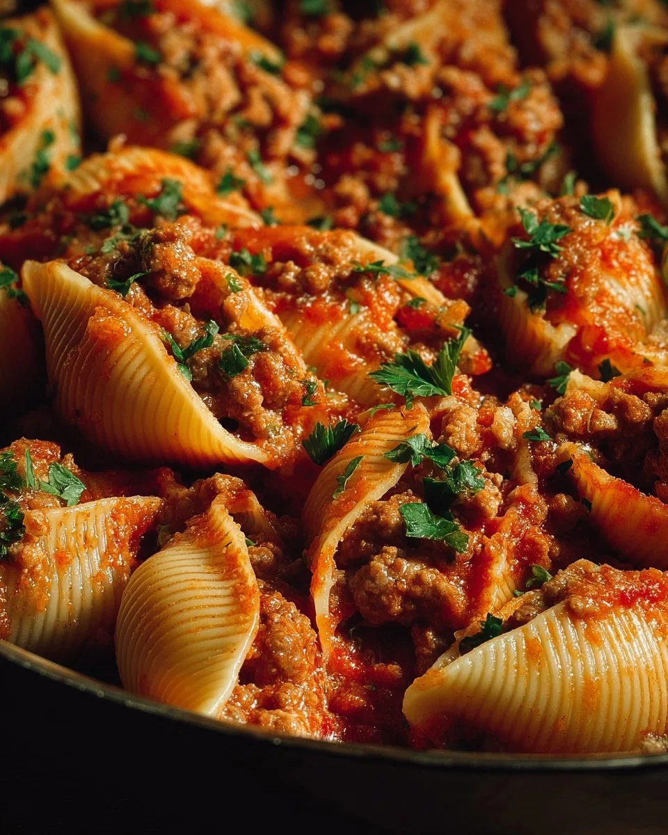 Pasta shells stuffed with ground beef and topped with marinara sauce.