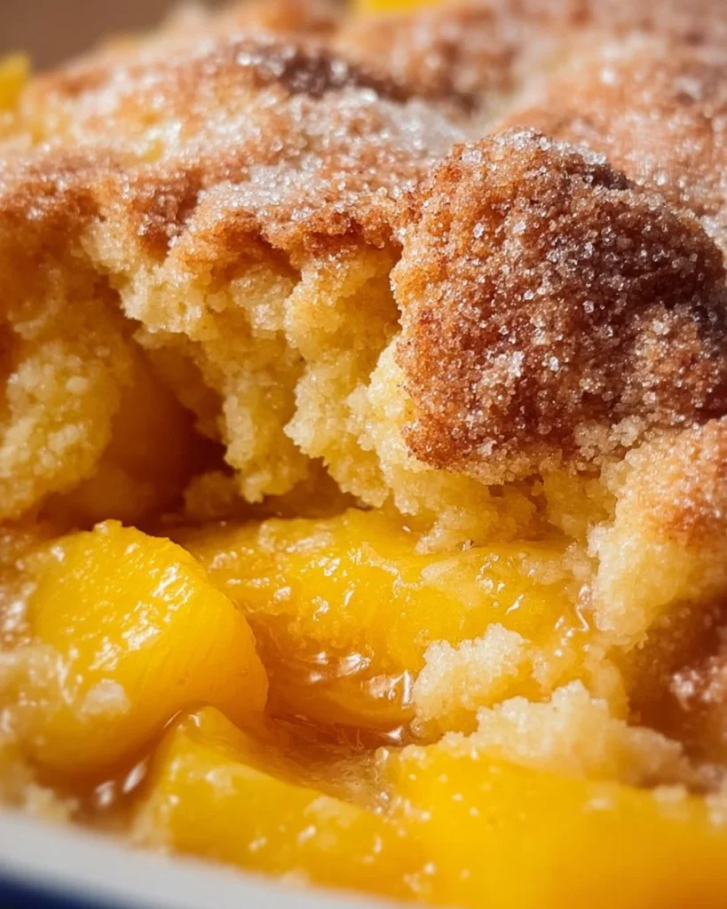 Delicious homemade Peach Cobbler served warm with a scoop of vanilla ice cream