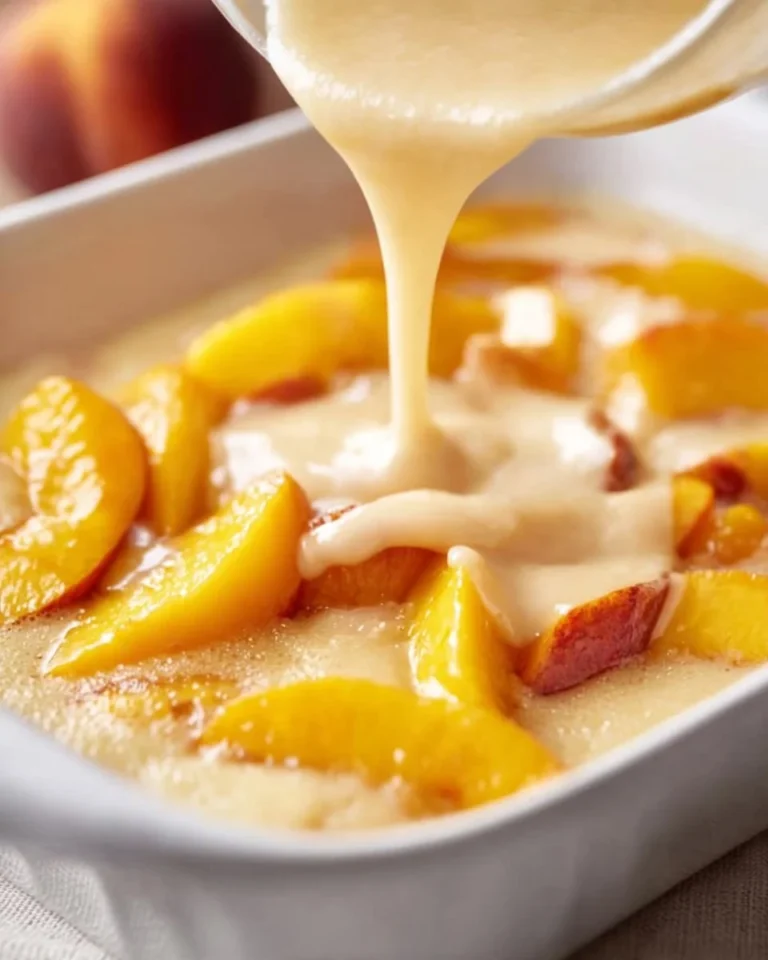 Delicious homemade Peach Cobbler served in a baking dish.