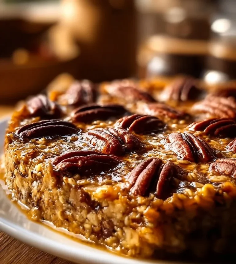 Baked Pecan Pie Oatmeal topped with pecans and served in a bowl