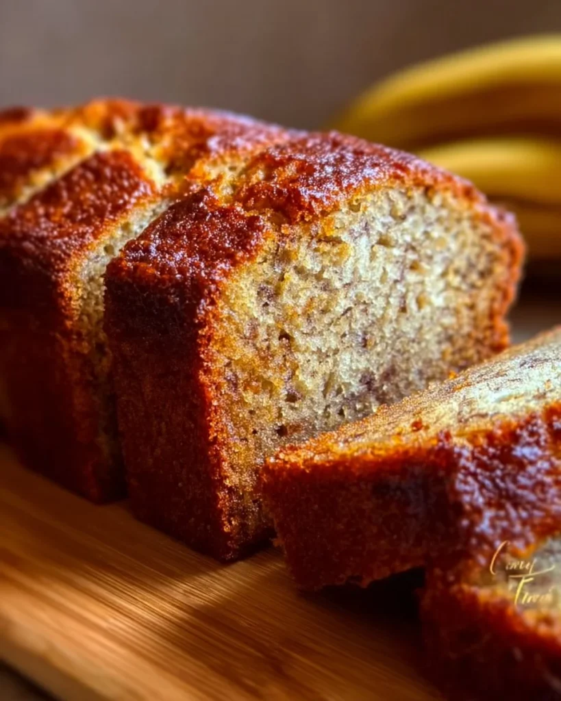 Delicious slice of perfect banana cake topped with cream and fresh bananas.