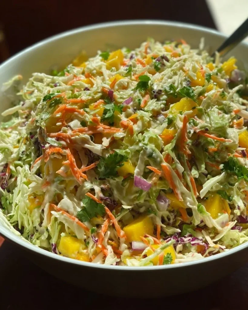 Bowl of pineapple coleslaw with fresh ingredients and vibrant colors