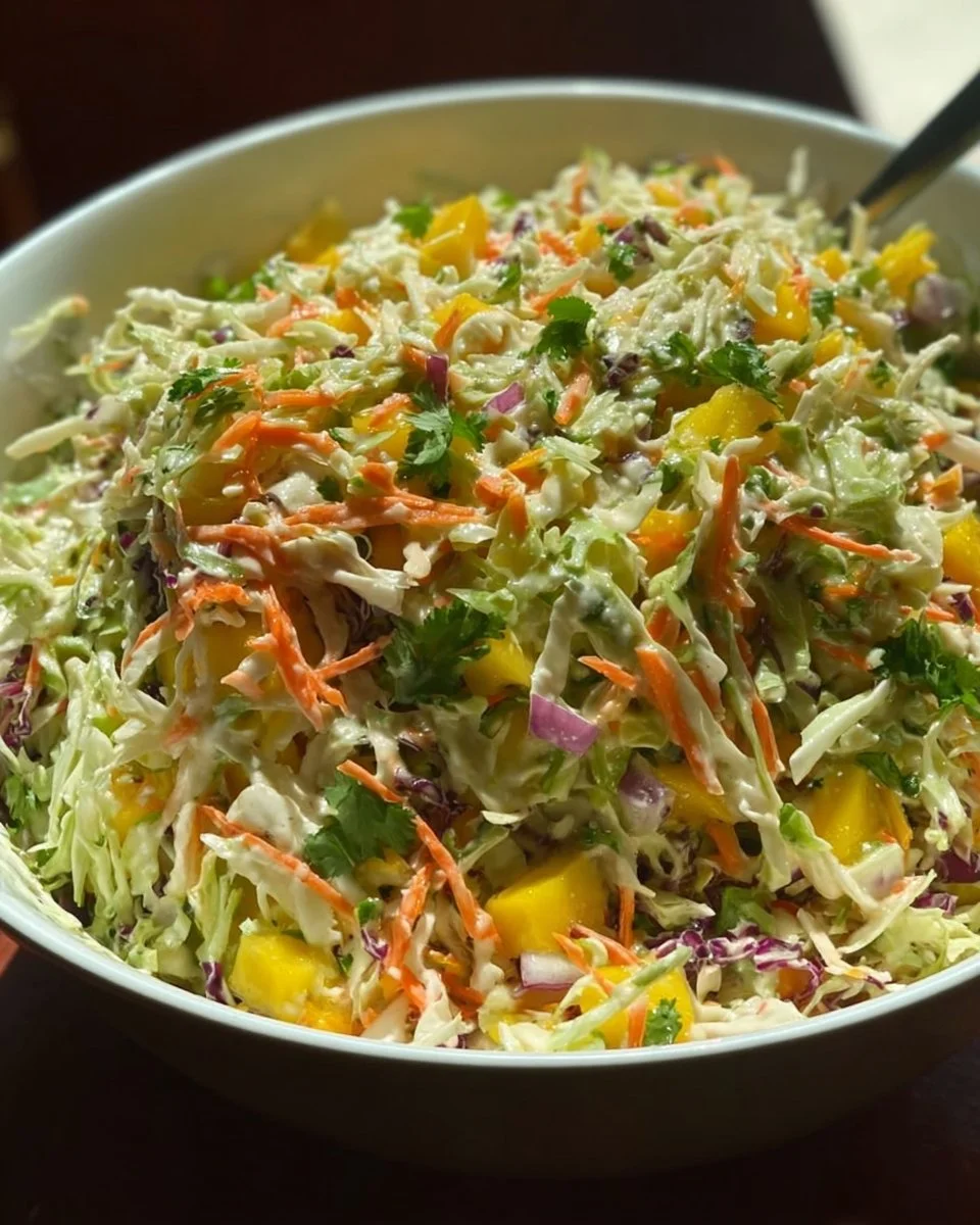 Bowl of pineapple coleslaw with fresh ingredients and vibrant colors