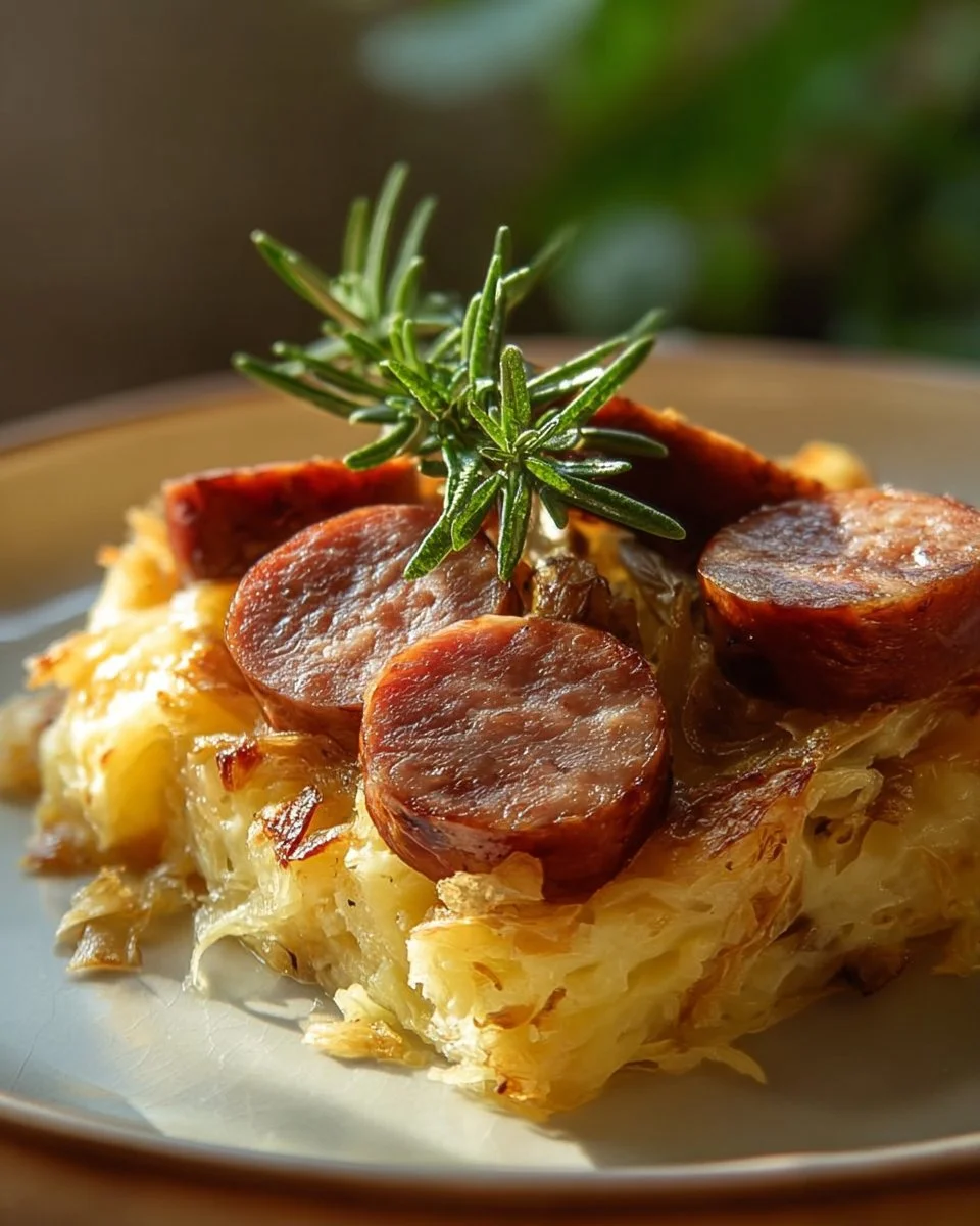 Plate of Polish sausage served with sauerkraut and potatoes.