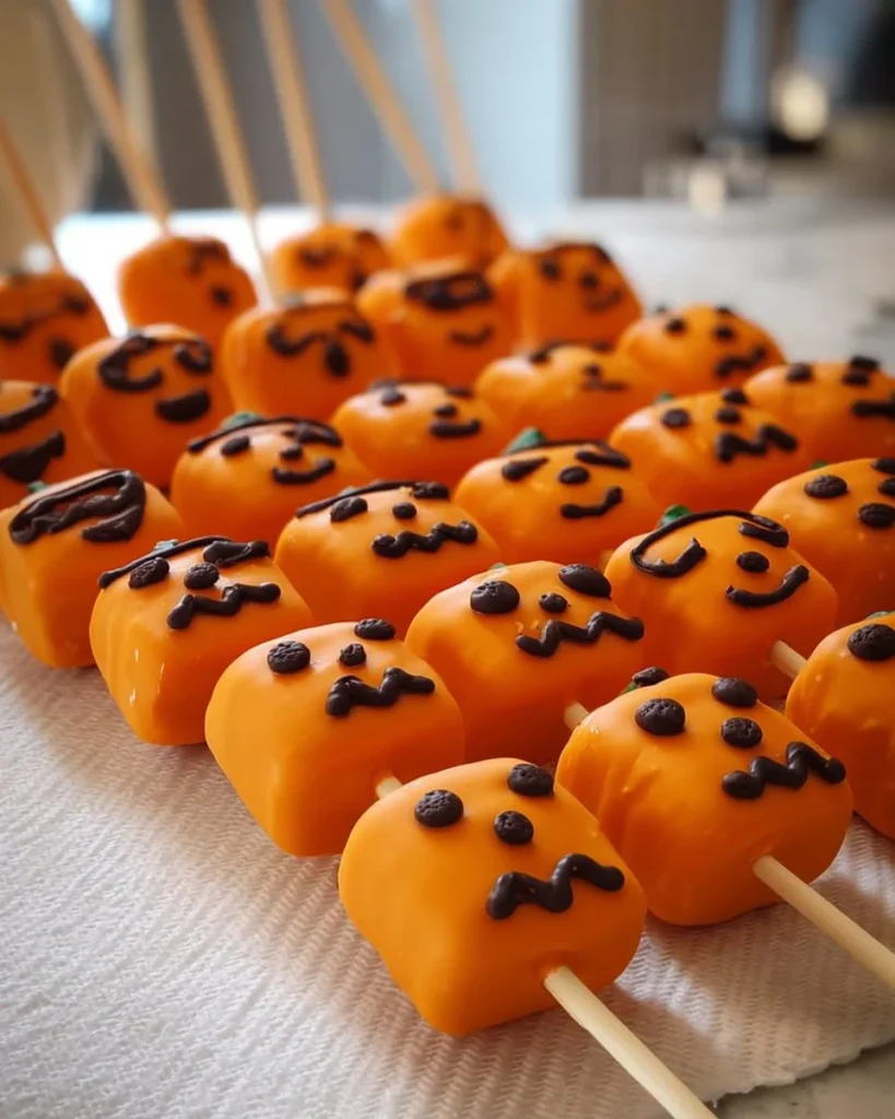 Delicious Pumpkin Marshmallow Lollipops on a decorative plate