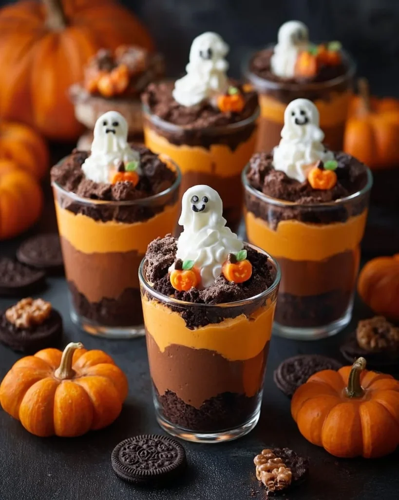 Colorful Pumpkin Patch Dirt Cups with layers of chocolate and pumpkin decorations