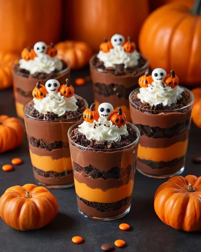 Delicious Pumpkin Patch Dirt Cups decorated for Halloween