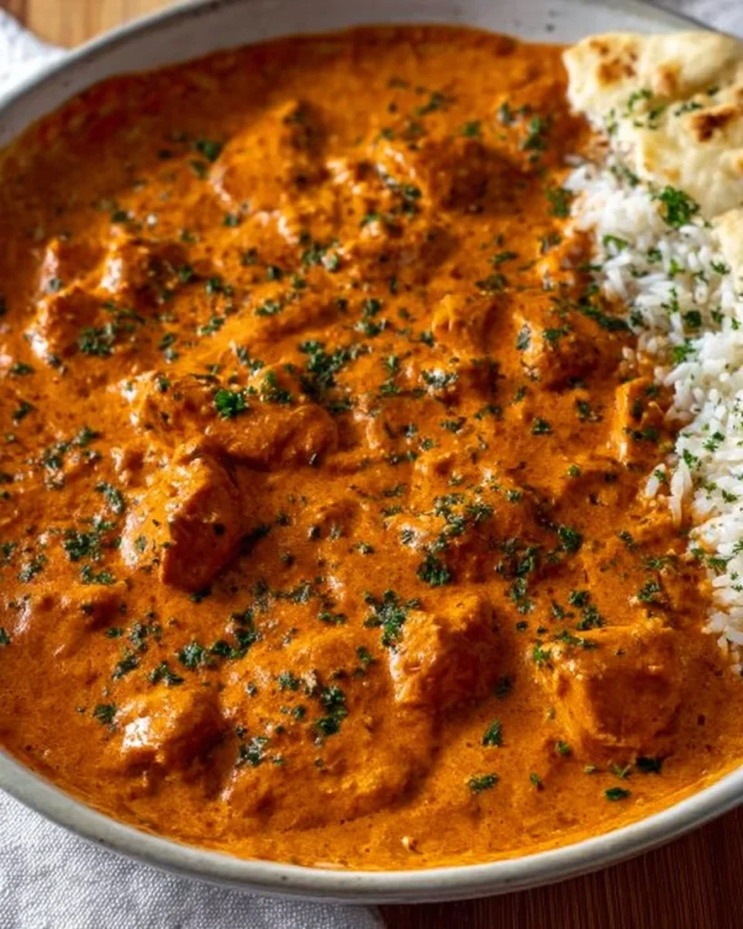 Quick and easy homemade butter chicken served with rice and naan.