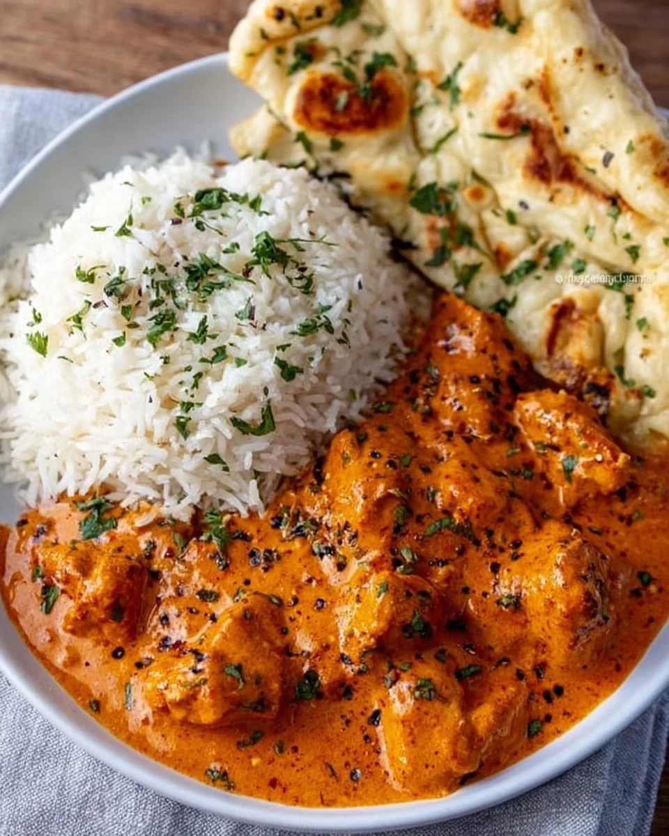 Delicious homemade butter chicken served with rice and naan