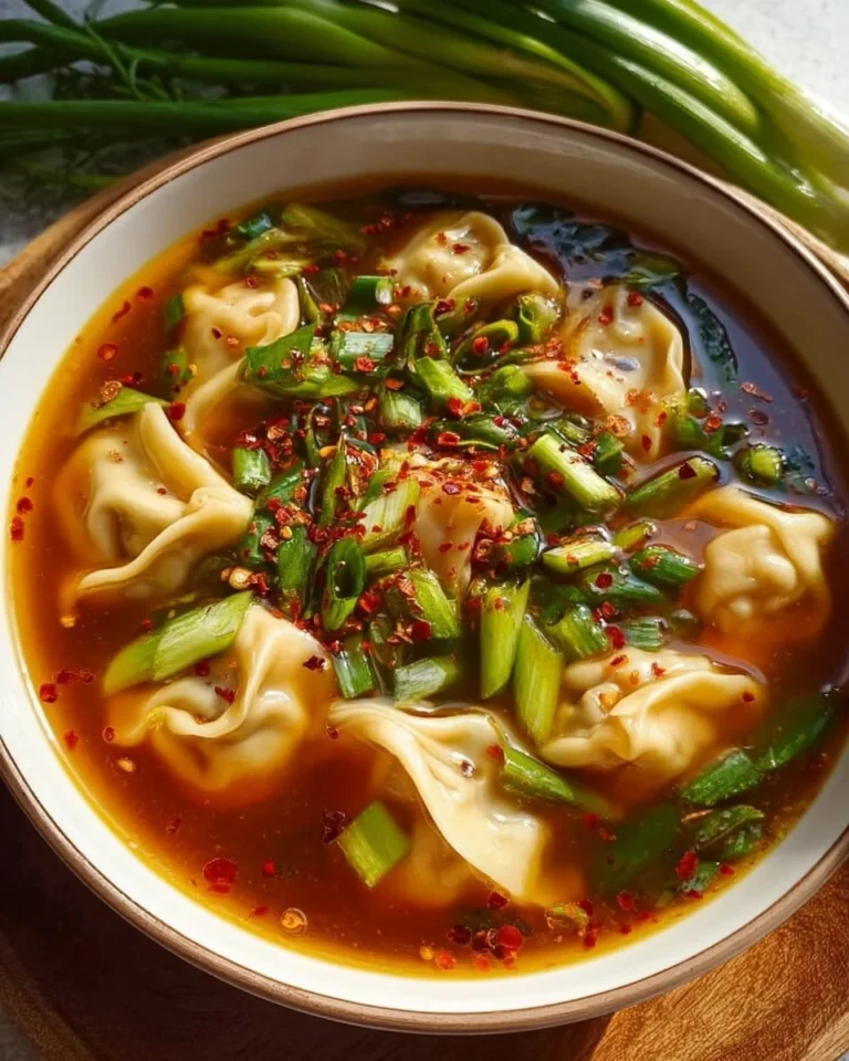 Delicious bowl of homemade quick and easy wonton soup served with fresh herbs.