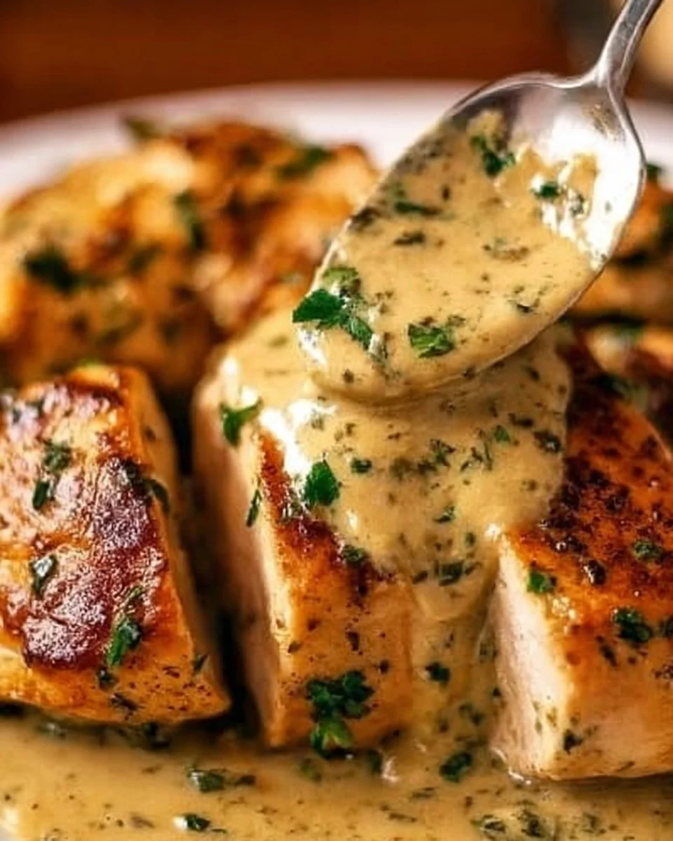 Creamy Ranch Chicken cooked in a crockpot, served with herbs and spices.