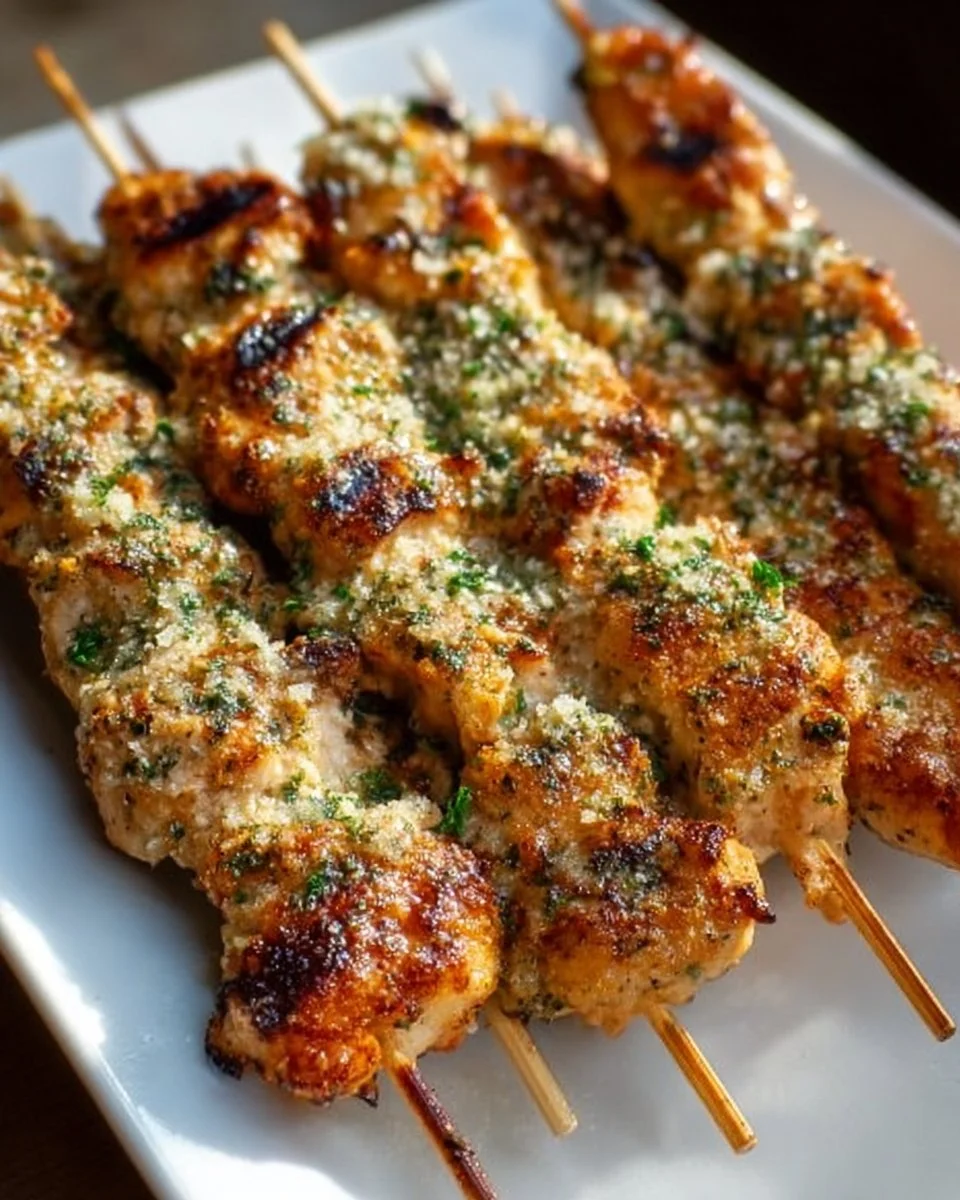 Ranch Garlic Parmesan Chicken Skewers on a grill, flavorful and juicy.