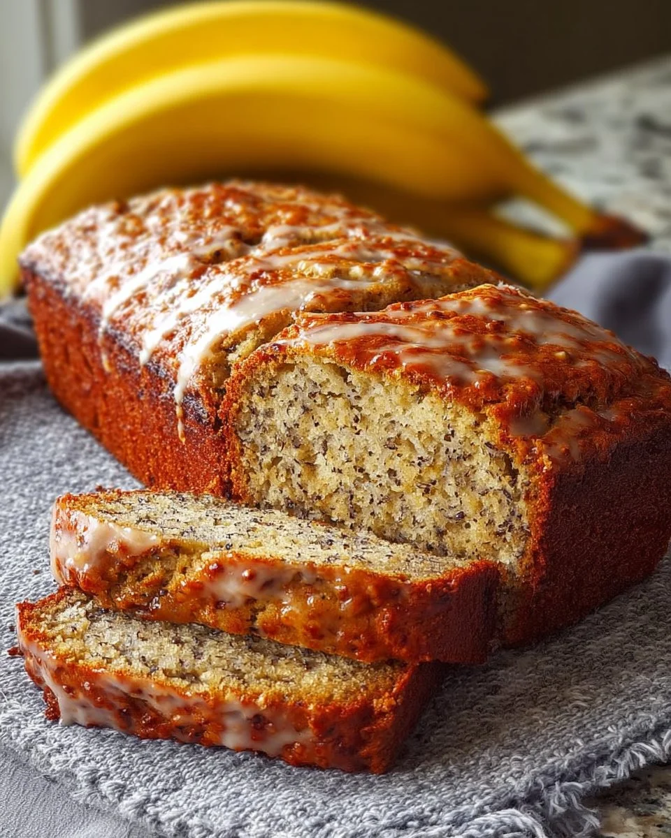 Freshly baked rich banana bread sliced on a wooden board
