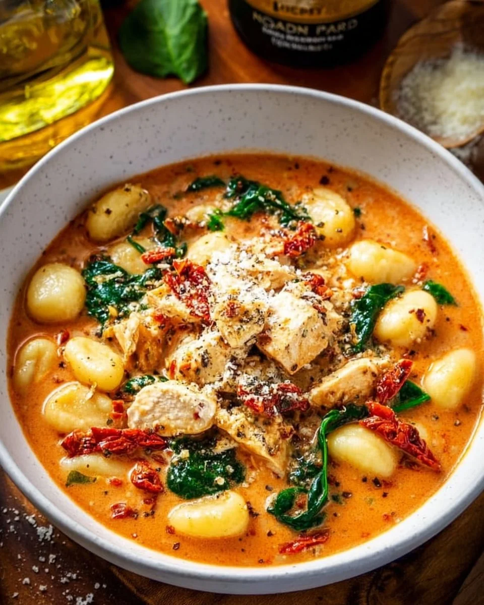 Bowl of rich, creamy Marry Me Chicken Soup garnished with herbs