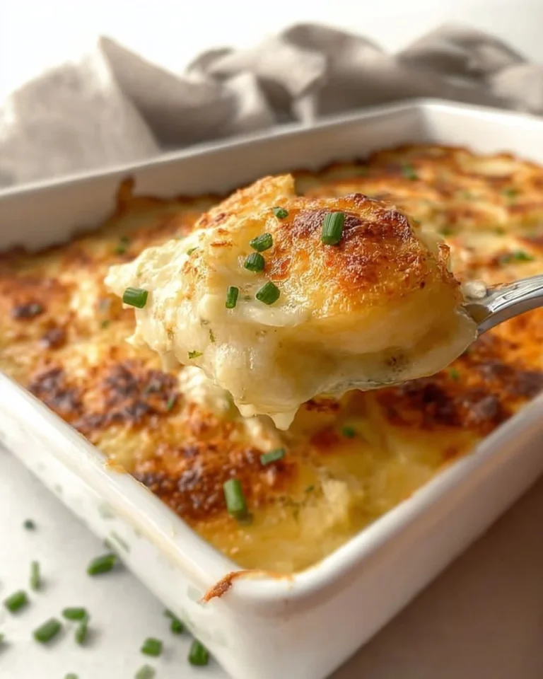 Delicious roasted garlic potatoes gratin, creamy and cheesy baked dish
