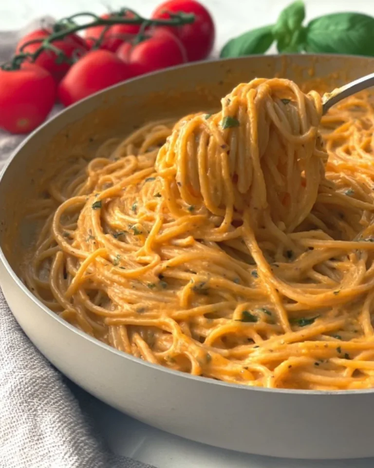 Plate of Roasted Tomato and Garlic Ricotta Pasta topped with fresh herbs