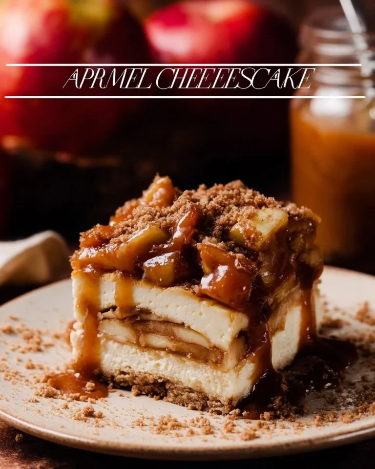 Delicious salted caramel apple pie cheesecake slice topped with caramel drizzle