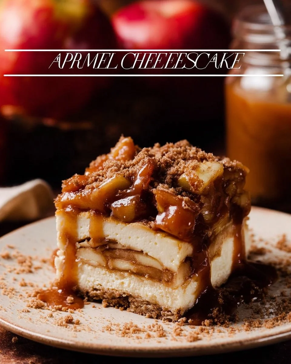 Delicious salted caramel apple pie cheesecake slice topped with caramel drizzle